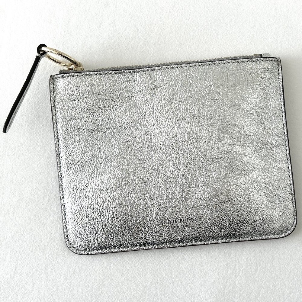 HENRI BENDEL West 57th Mini Zip Metallic Silver Coin Purse Pouch Wallet EUC